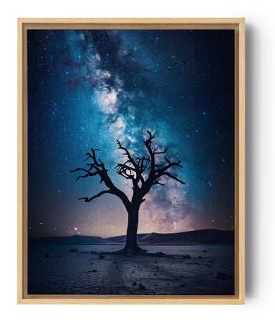 Leinwand-Fotografie eines dunklen, blattlosen Baumes, afrikanische Landschaft, sternenklarer Nachthimmel.