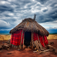 Hutte africaine traditionnelle sur toile, ciel nuageux en fond.