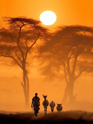 Photo of a man and his livestock under an African sunset, an invitation to travel.