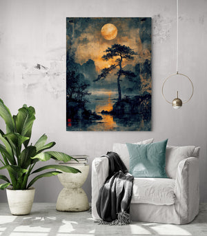 Vintage Japanese landscape painting dominating a modern living room with a white sofa and cushions.