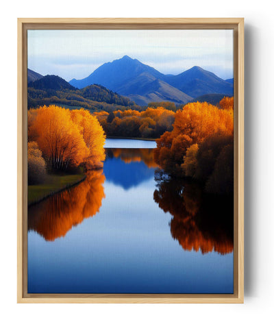 Fotografie einer Herbstlandschaft. Die Bäume in orangefarbenen Tönen spiegeln sich in einem ruhigen Fluss, mit bläulichen Bergen im Hintergrund. Das Bild beschwört eine friedliche und natürliche Atmosphäre herauf.