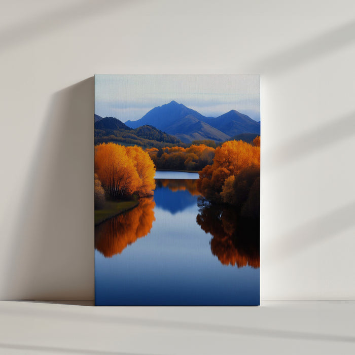 Autumn landscape photograph with orange foliage mirrored on a tranquil river and soft blue mountains in the distance; serene and nature-inspired