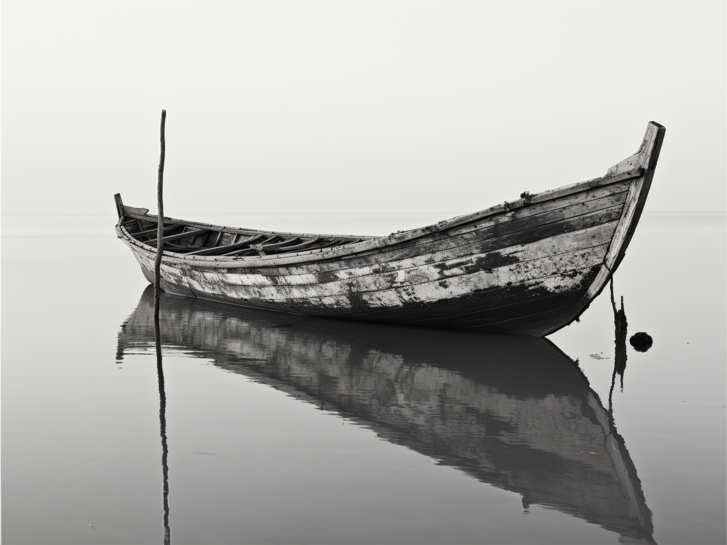 Photographie monochrome d'une barque calme sur l'eau.