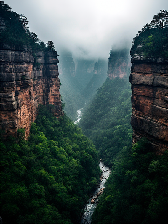 Photographie impressionnant canyon enveloppé de brume, alors qu'une légère pluie tombe par une journée nuageuse du milieu de l'été