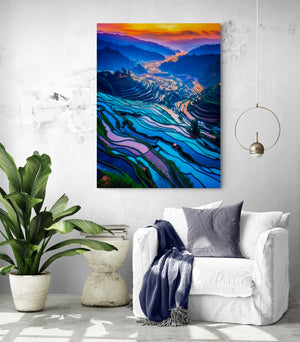 decorative canvas of colorful rice terrace adding a splash of color to a white living room