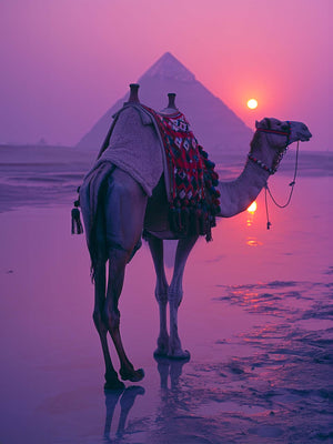 camel canvas in the desert, sunset, violet hues.