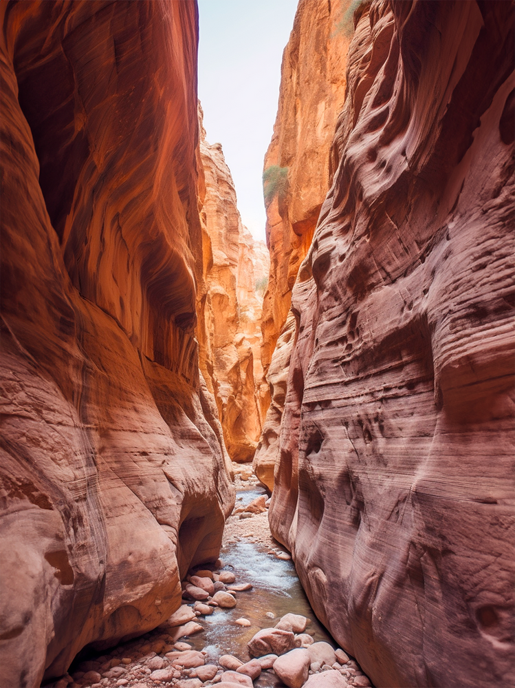 La photo illustre un canyon étroit aux parois rougeâtres sculptées par l'érosion. Au sol, un ruisseau parsemé de galets serpente, contrastant avec le ciel bleu visible en haut.