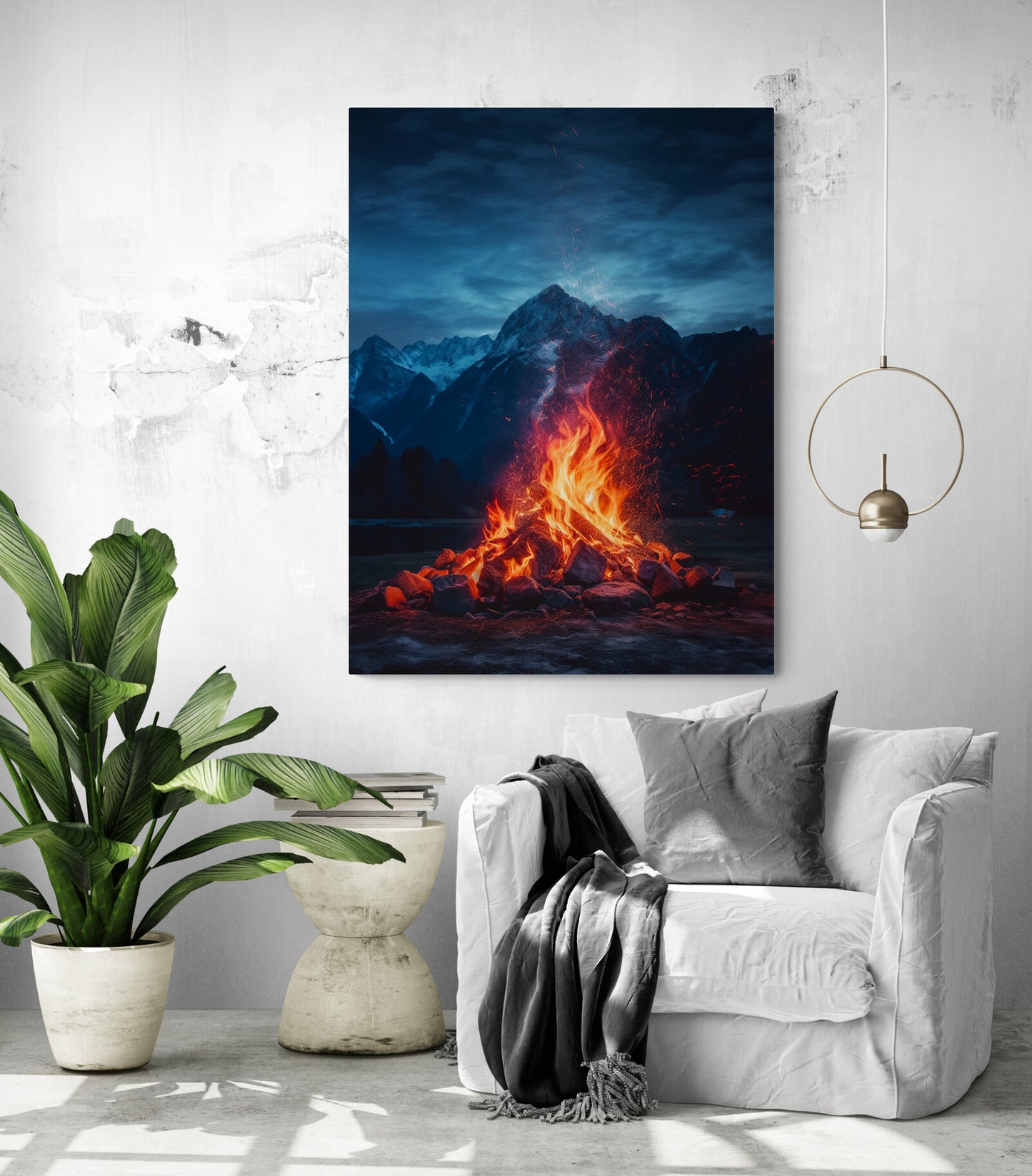 tableau romantique feu de bois dans un salon 