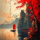 Tableau japonais fleuve rouge, voilier, montagnes embrumées.