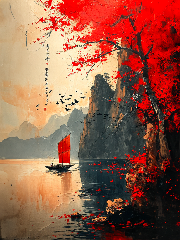 Tableau japonais fleuve rouge, voilier, montagnes embrumées.