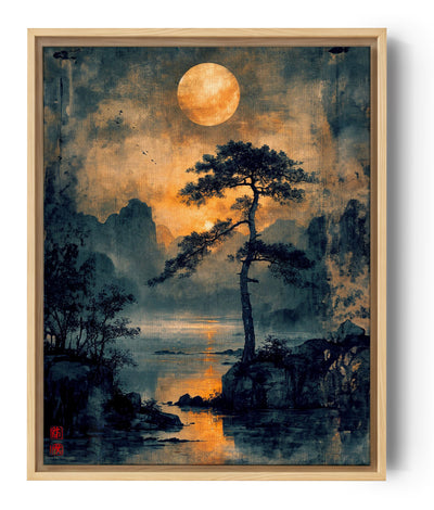Dekoratives Vintage-Wandbild einer japanischen Landschaft mit Vollmond und Baumsilhouette.