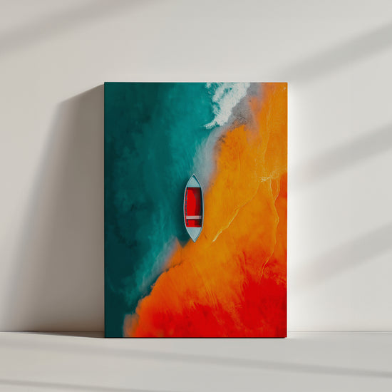 Ocean seascape canvas print with a single boat centered, yellow and blue water