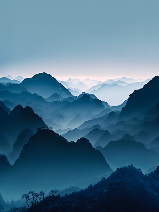 Tableau paysage  de montagne dans la brume. couleur froides, et apaisante pour interieur relaxant.