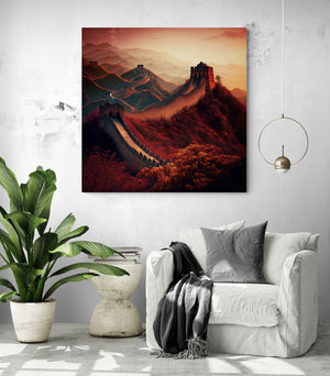 Great Wall of China canvas lighting up a cozy living room, reading nook with a white armchair.