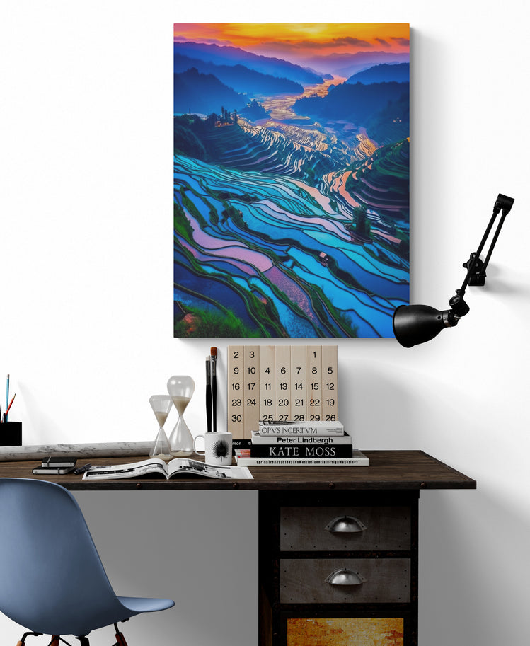 petit tableau mural avec un visuel de riziére coloré, un paysage majestueux et feerique 