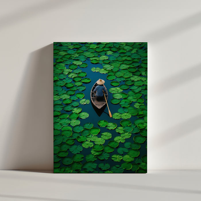 Top-down photograph of a single person rowing through green lily pads on deep, dark water, evoking peace and solitude