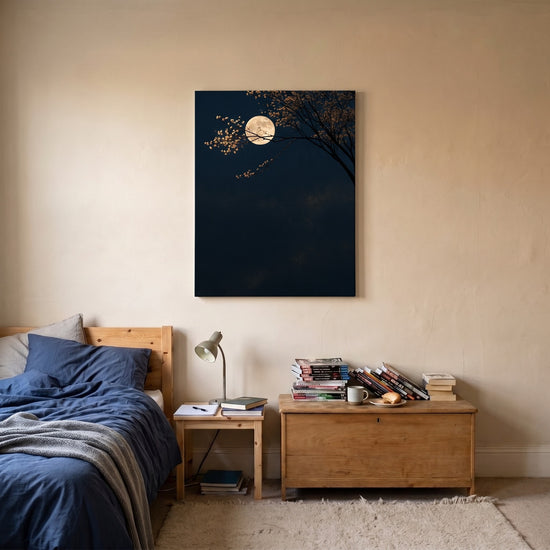 Japanese-inspired zen wall decor featuring a radiant moon and cherry blossoms at night