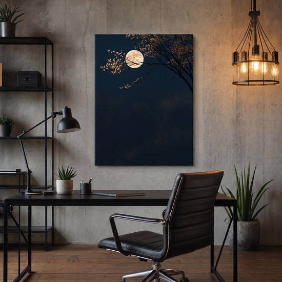 Full moon and cherry blossom night landscape painting for tranquil, modern wall decor