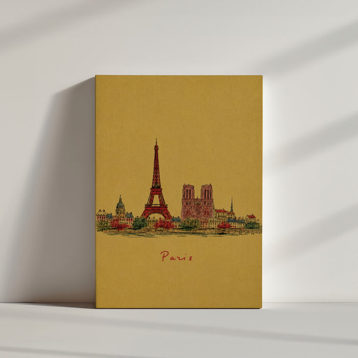 Tableau paysage Paris vintage Tour Eiffel fond jaune posé au sol ambiance minimaliste mur blanc