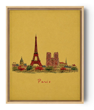 Retro Paris skyline canvas print with Eiffel Tower, Notre-Dame and warm golden glow