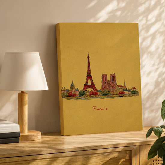 Tableau paysage Paris vintage Tour Eiffel fond jaune pour décoration salon buffet chêne