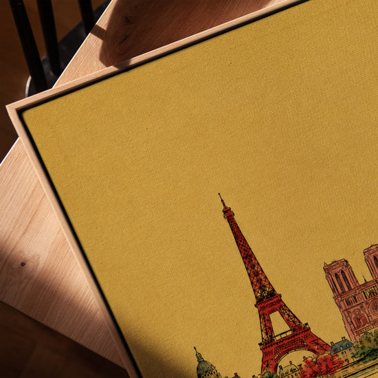 Tableau paysage Paris vintage Tour Eiffel fond jaune pour décoration salon style rétro illustré