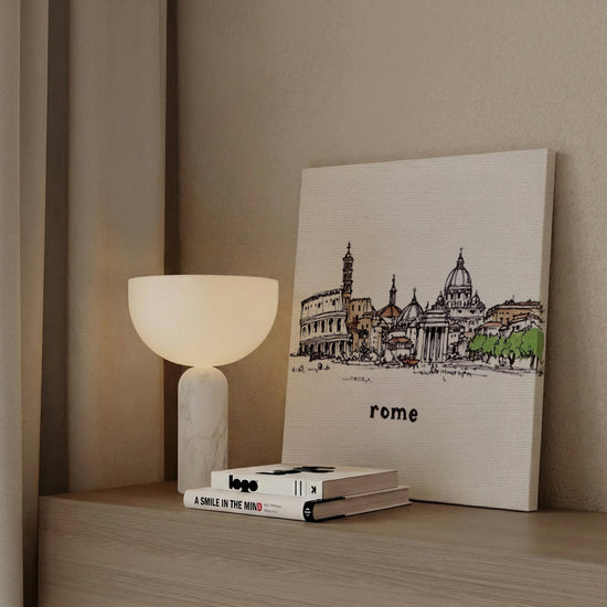 Modern living room wall art – Rome Colosseum watercolor print in sepia and green on sideboard