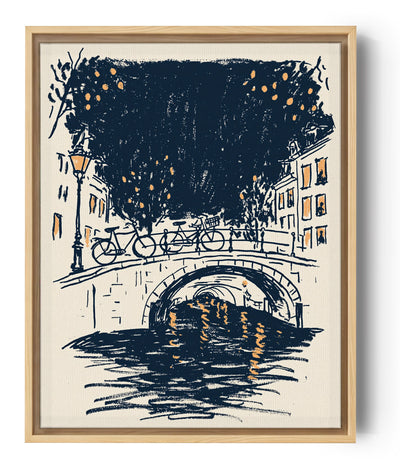 Tableau paysage urbain canal et pont vélos lumières dorées bleu nuit ambiance nocturne