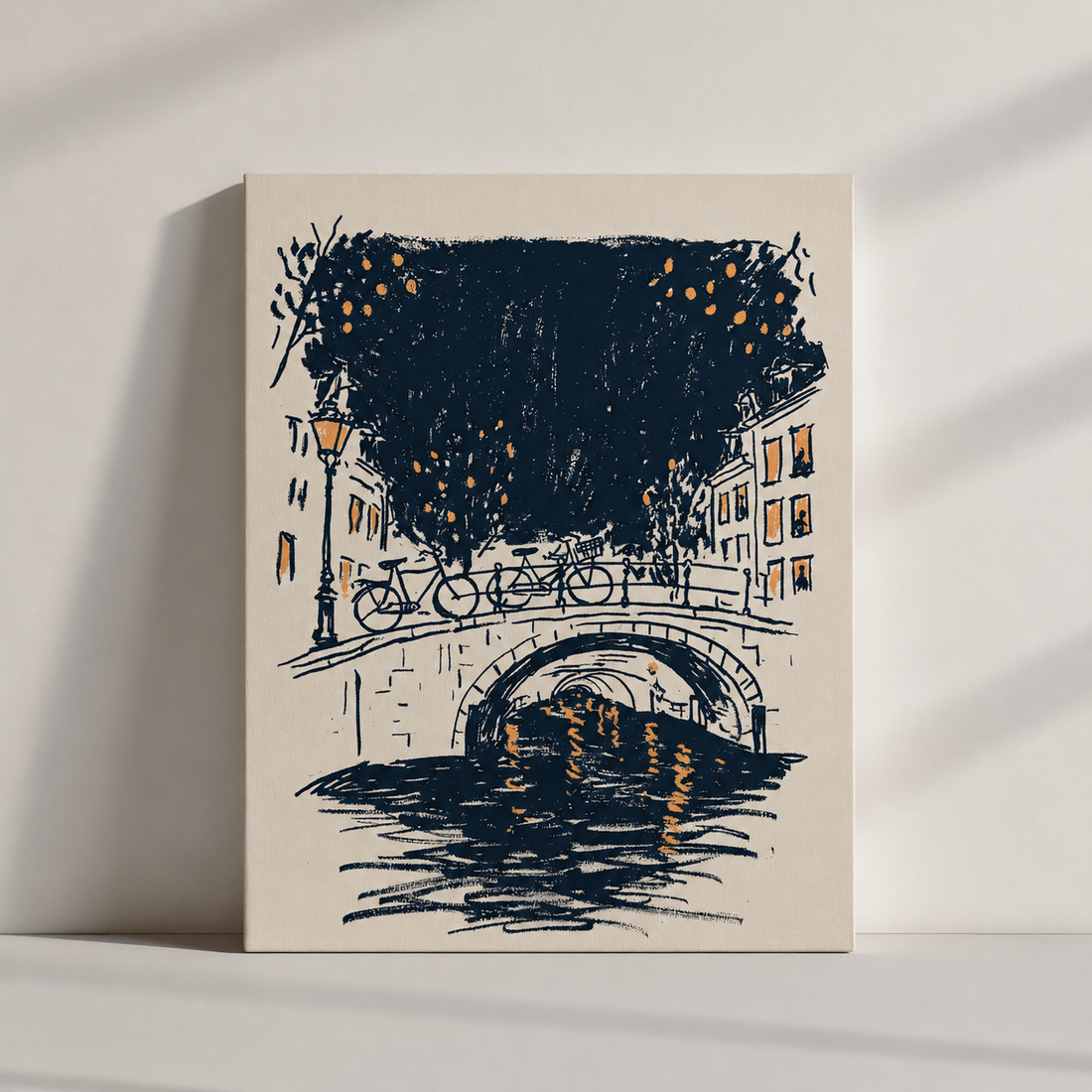 Tableau paysage urbain canal Amsterdam - Crépuscule chaleureux et reflets dorés