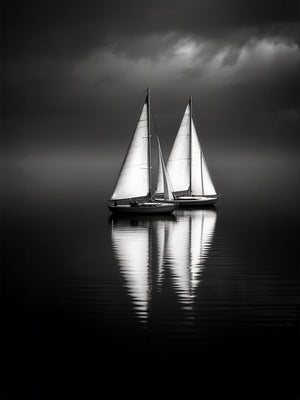 Artistic photograph of two sailboats navigating on calm waters under a stormy sky. The luminous reflection of the sails contrasts with the dark mood, creating an elegant and timeless atmosphere. Ideal for a minimalist and refined wall decoration.