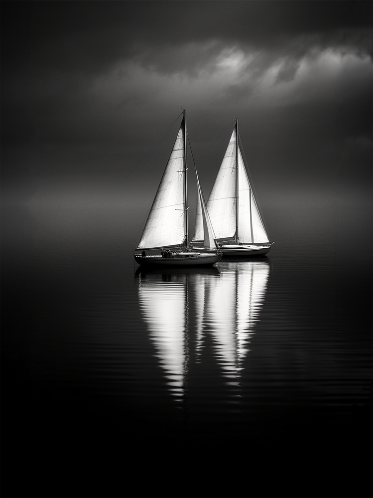 photographie d'un voilier en mer en monochrome