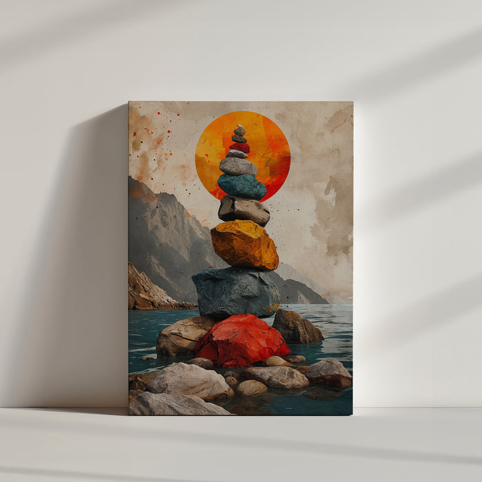 Colorful stacked stone cairn with blazing sun, mountains and clear water—calming zen wall art