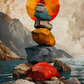 Tableau zen représentant un cairn coloré devant un soleil couchant.