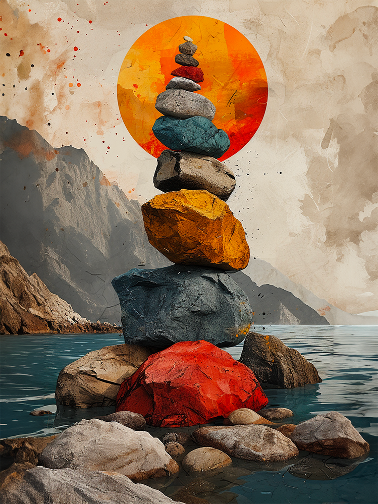 Tableau zen représentant un cairn coloré devant un soleil couchant.
