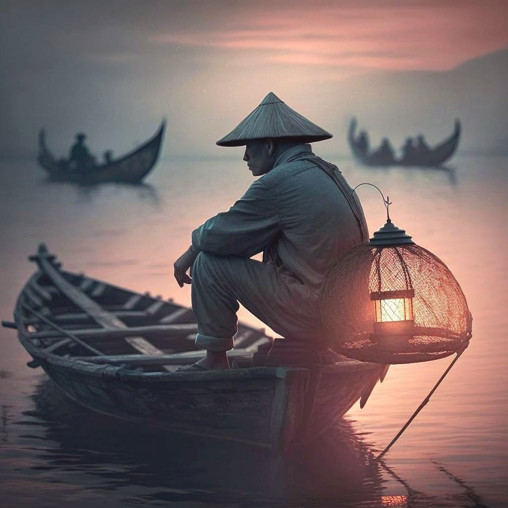 Tableau mural Pêcheur vietnamien - Crépuscule zen