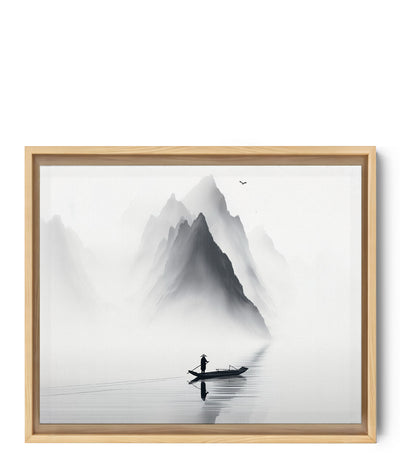 Black and white Asian wall art of misty mountains with a fisherman — zen decor