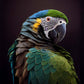 Détail vibrant du tableau perroquet, avec ses plumes bleues et vertes éclatantes de réalisme.