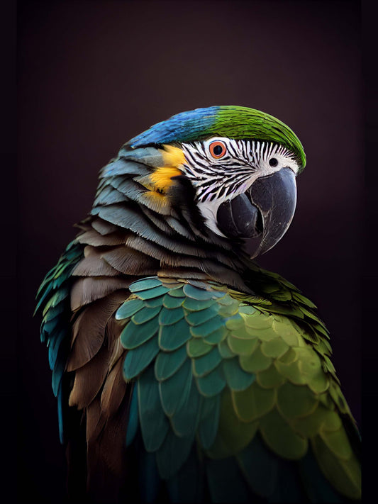 Détail vibrant du tableau perroquet, avec ses plumes bleues et vertes éclatantes de réalisme.