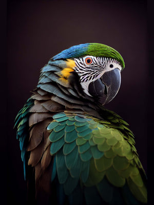 Vibrant detail of the parrot painting, showcasing strikingly realistic blue and green feathers.