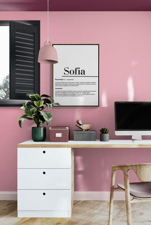 A poster titled "Sofia" in an office with pink walls. Decorated with a wooden desk, a pink lamp, plants, and organized accessories.