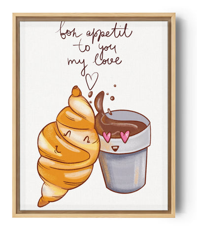 Une illustration d'un croissant et d'un chocolat chaud qui se font un câlin. Une inscription est écrite au-dessus : " bon apetit to my love".