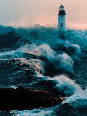 Lighthouse storm art, wild nature beauty.