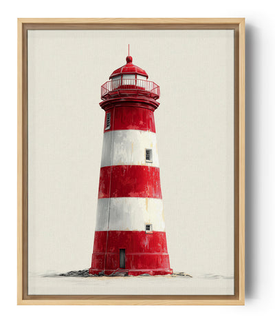 Red and white lighthouse wall art on a minimalist background, clean nautical style