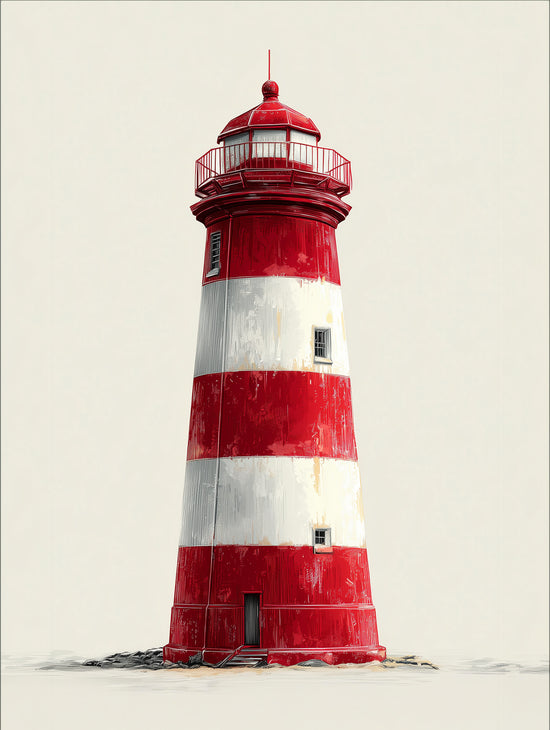 Tableau décoratif d'un phare rouge et blanc sur fond minimaliste, style marin épuré