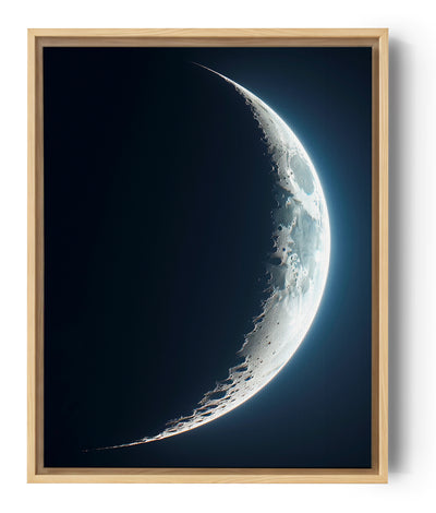 Canvas wall art photo of a partial moon in a thin crescent phase, bright white and deep navy blue palette