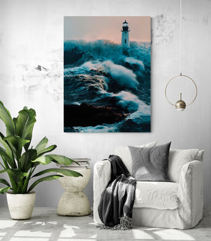 lighthouse photo, gigantic waves, dynamic home decor.