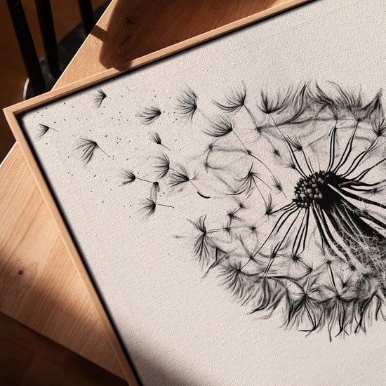 Black and white dandelion seed head wall art for a minimalist living room