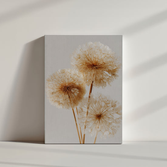 Tableau décoratif de pissenlits dorés sur fond blanc, ambiance naturelle et apaisante