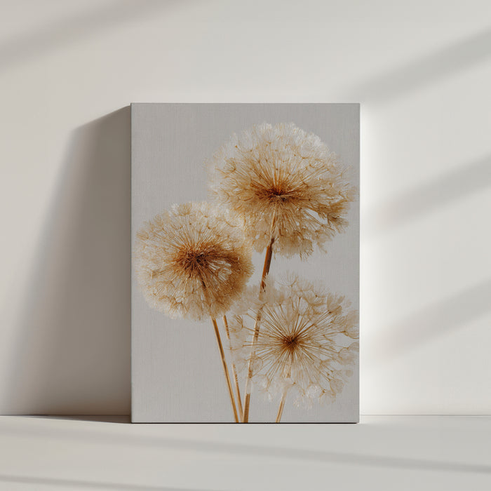 Tableau décoratif de pissenlits dorés sur fond blanc, ambiance naturelle et apaisante