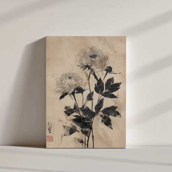 Illustration florale vintage de pivoines en noir et blanc, style botanique oriental